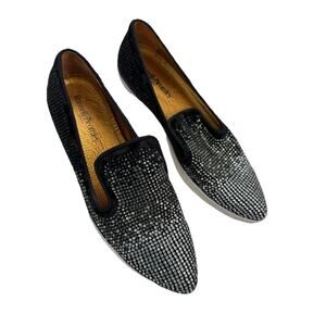 Russell & Bromley Loafers Shoes Black Velvet All Crystal Almond Toe 38 US7